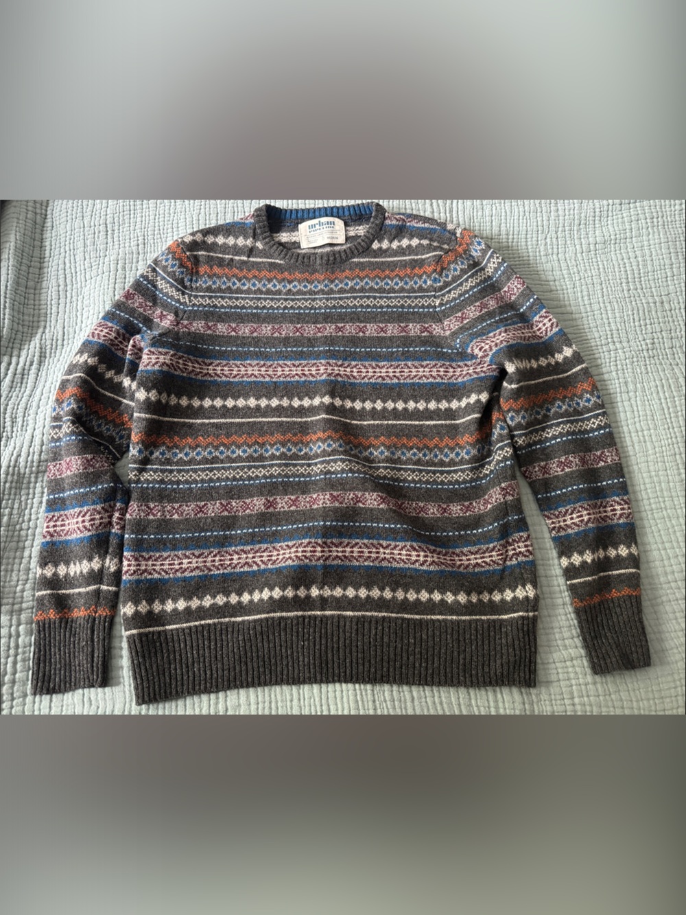 urban pipeline Gray Fair Isle Crewneck Sweater with Blue and Rust Stripes